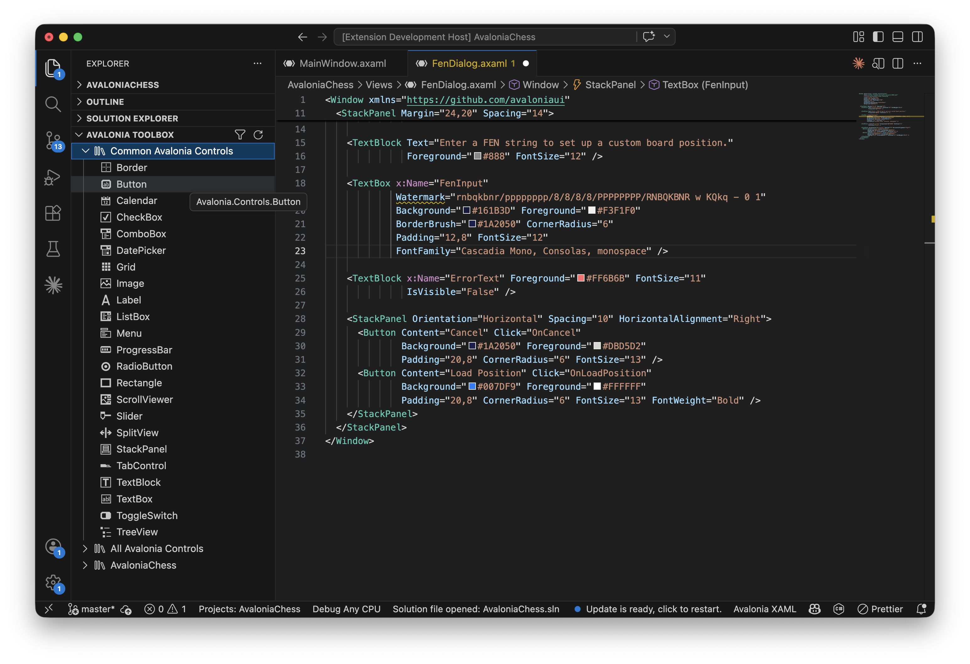 VS Code Extension XAML Toolbox showing available Avalonia controls