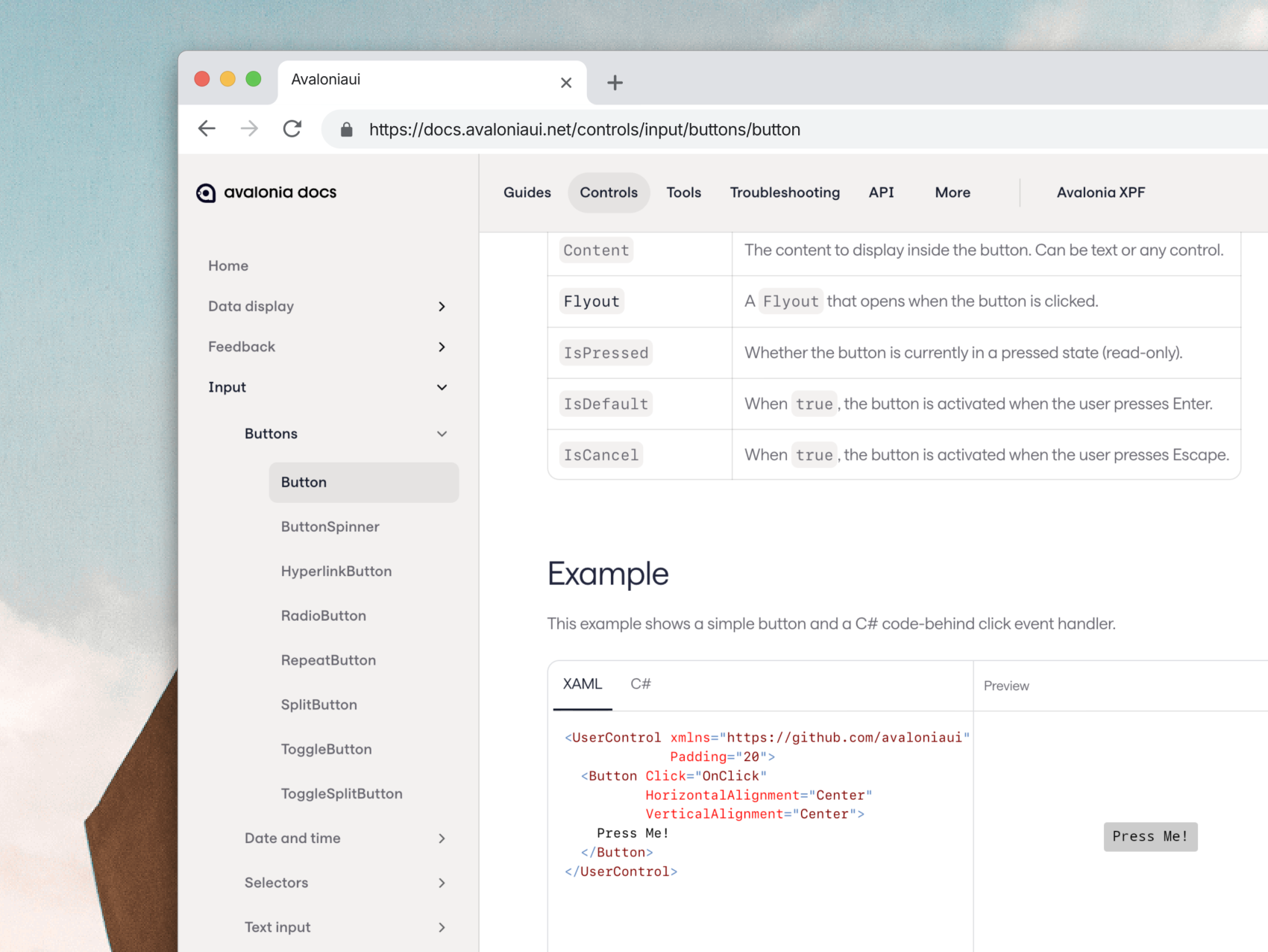 Screenshot of Avalonia documentation showing an interactive XAML editor with a live preview of a button control