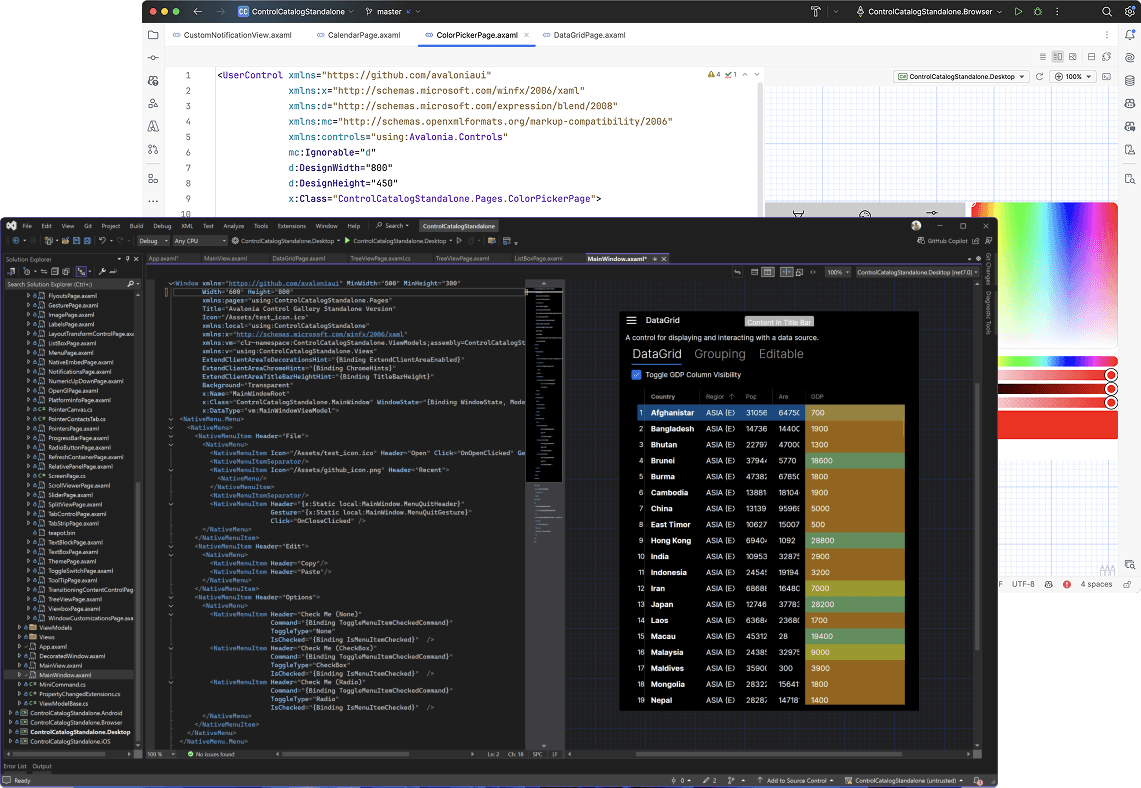 Visual Studio, Rider and VS Code with Avalonia