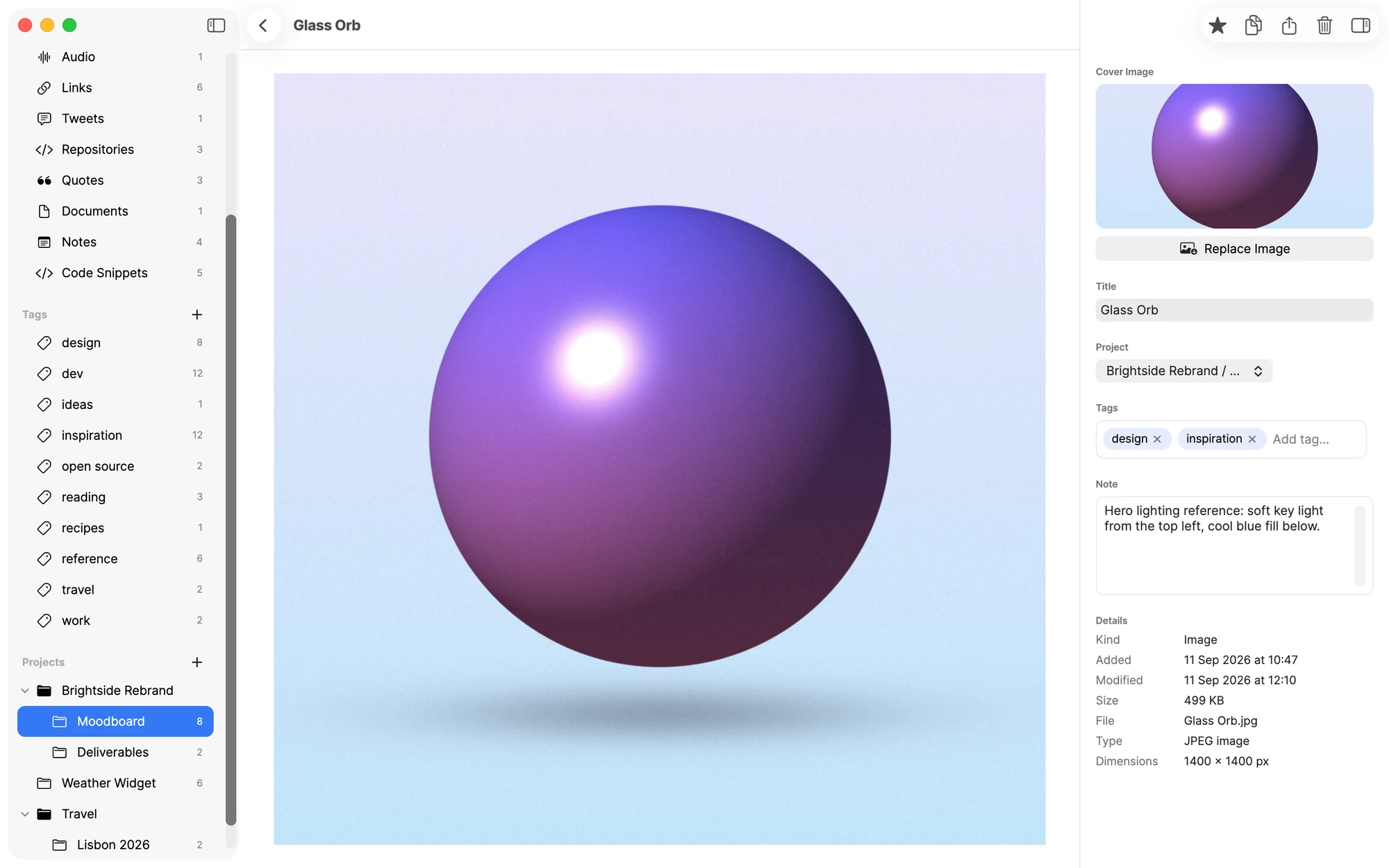 An inspector panel beside an open image: a cover image, title and project fields, tag chips, a note and a details ledger.