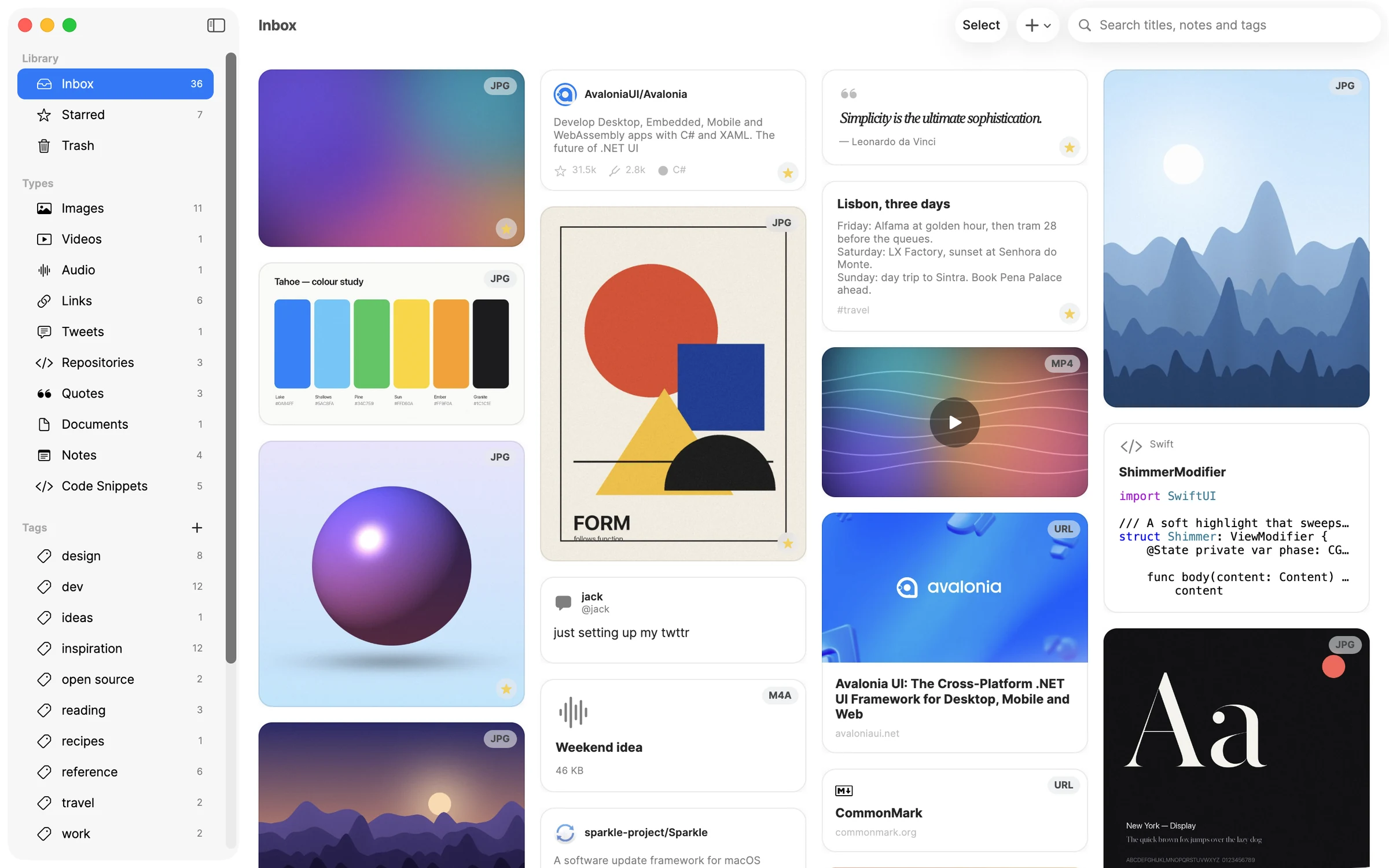 A library app built on Avalonia in the light appearance on macOS: a sidebar of types, tags and projects beside a grid of saved images, a repository, a quote, a note, a video, a code snippet and link previews.