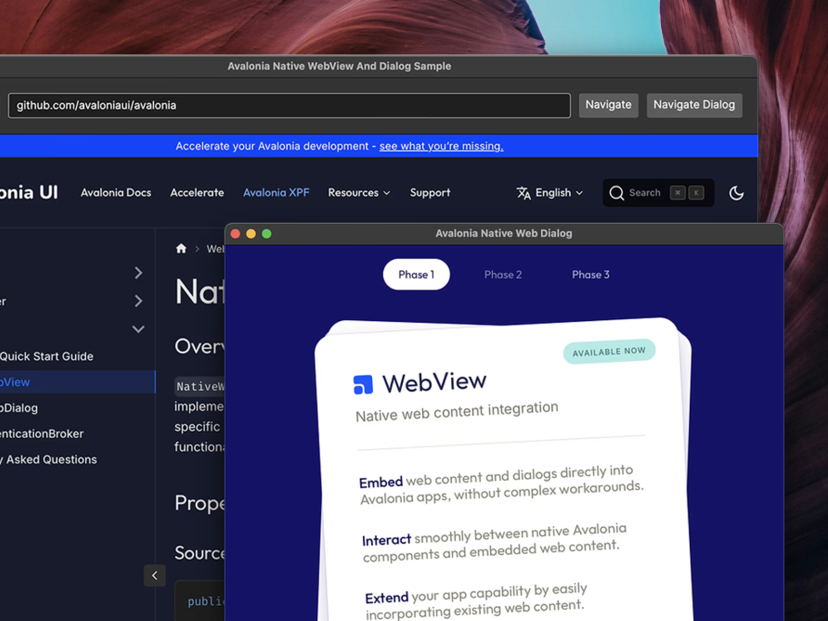 Avalonia WebView control showing a web page with the Avalonia website on it