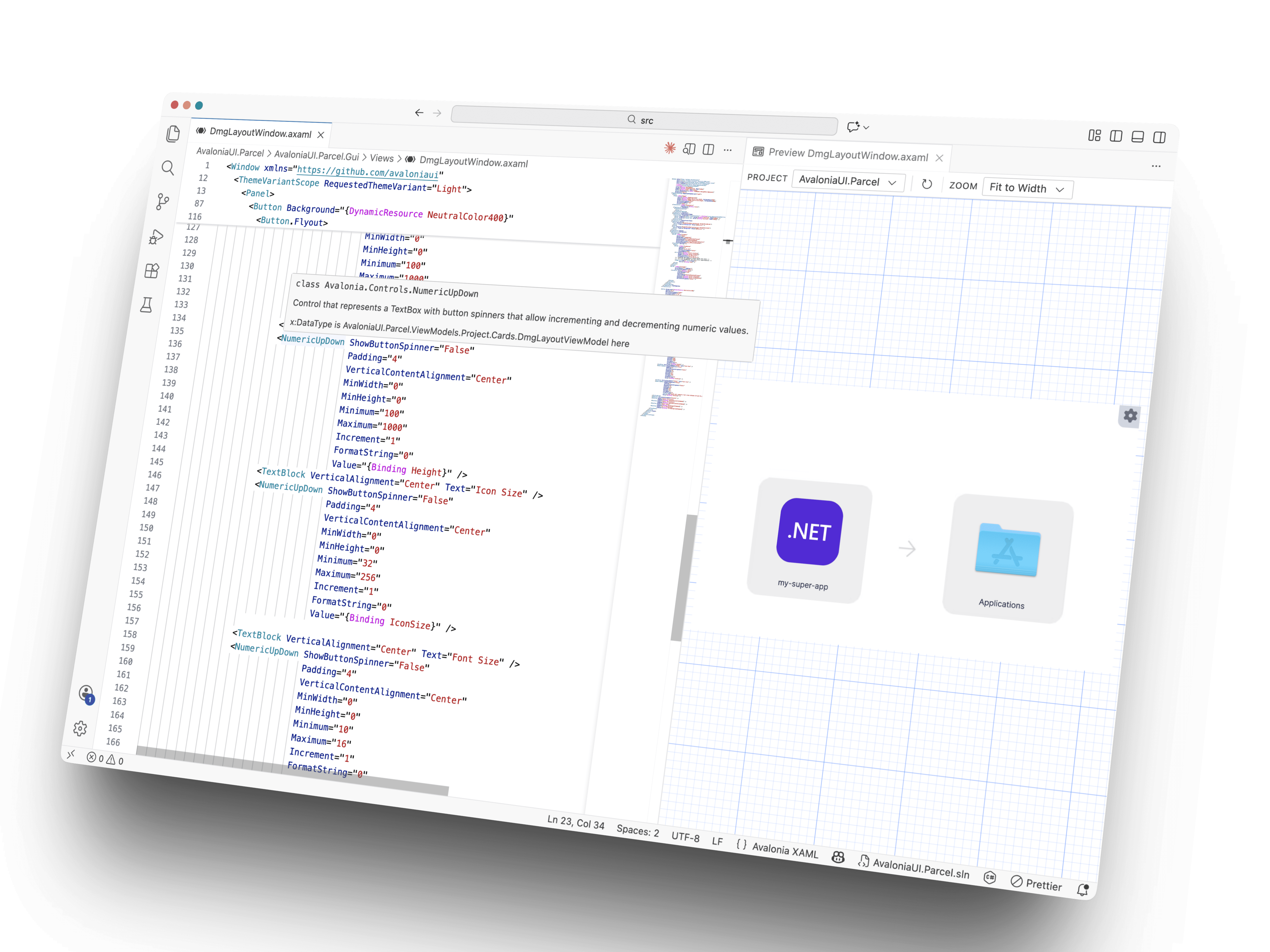 Avalonia development environment showing code and designer tools