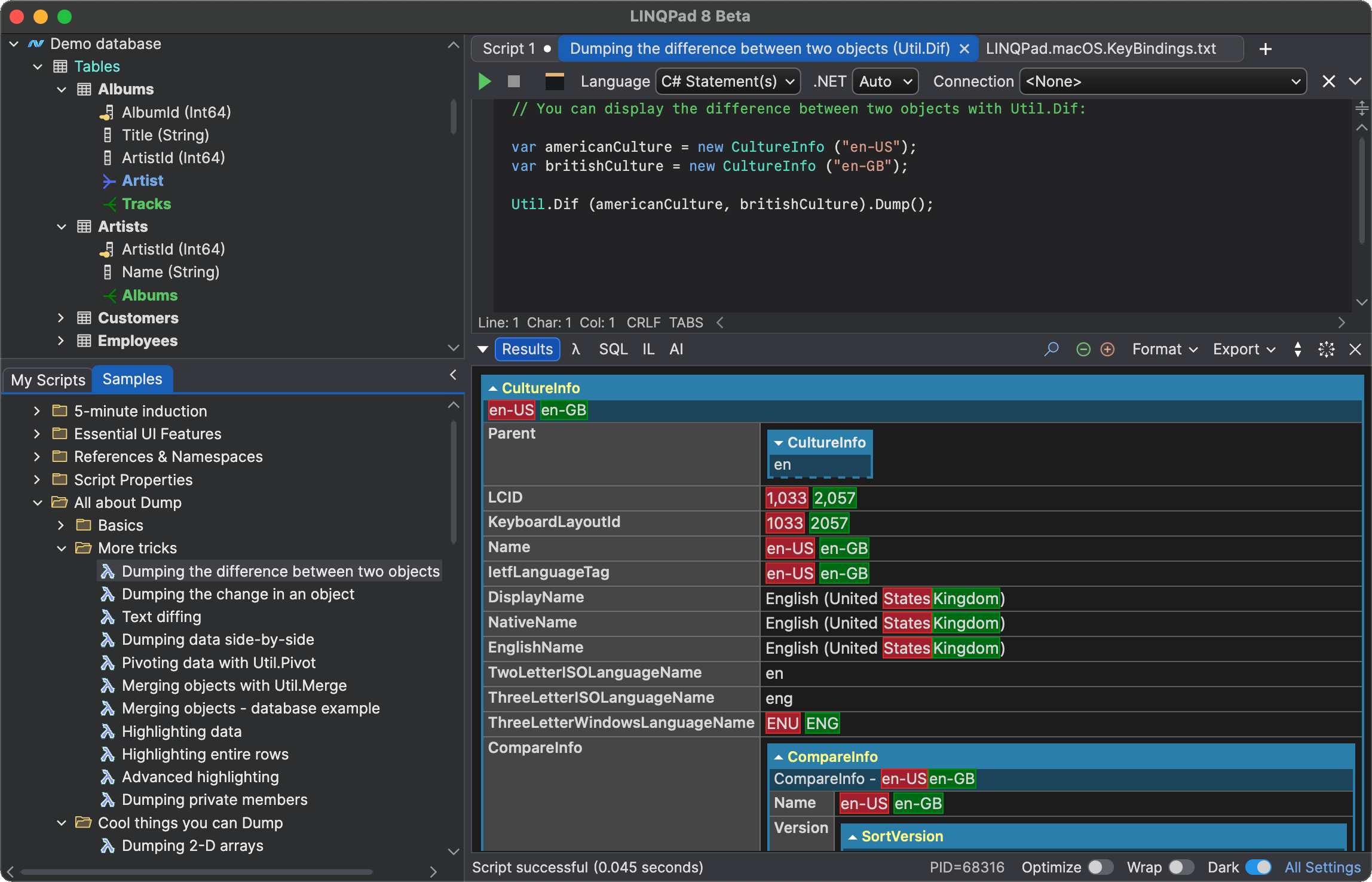 LINQPad running natively on macOS, showing a C# query and its results