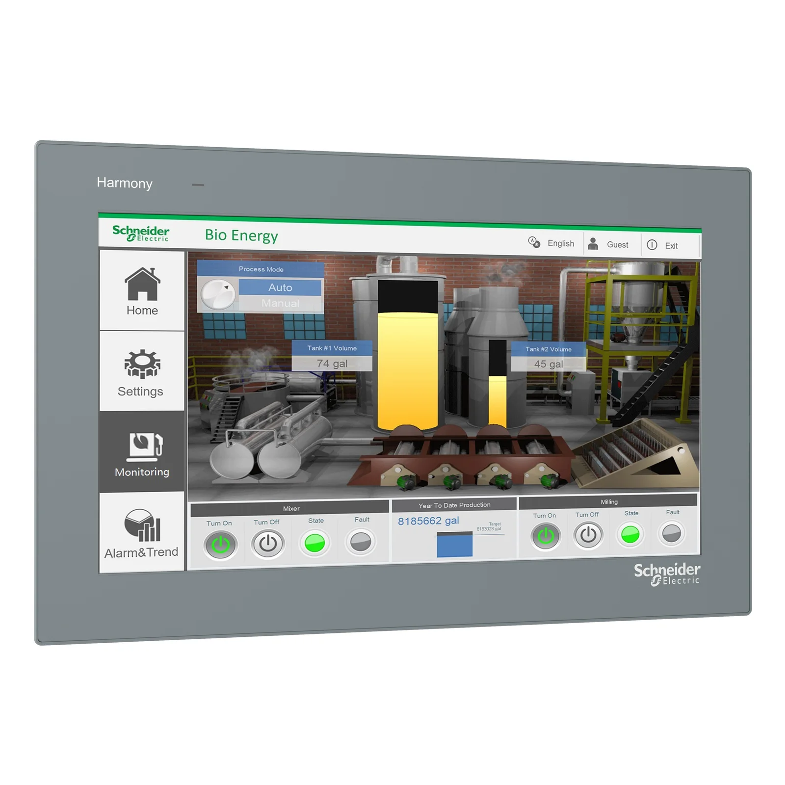 A Schneider Electric Harmony HMI panel running a Bio Energy process screen, with tank volumes, mixer and milling controls, and year-to-date production figures