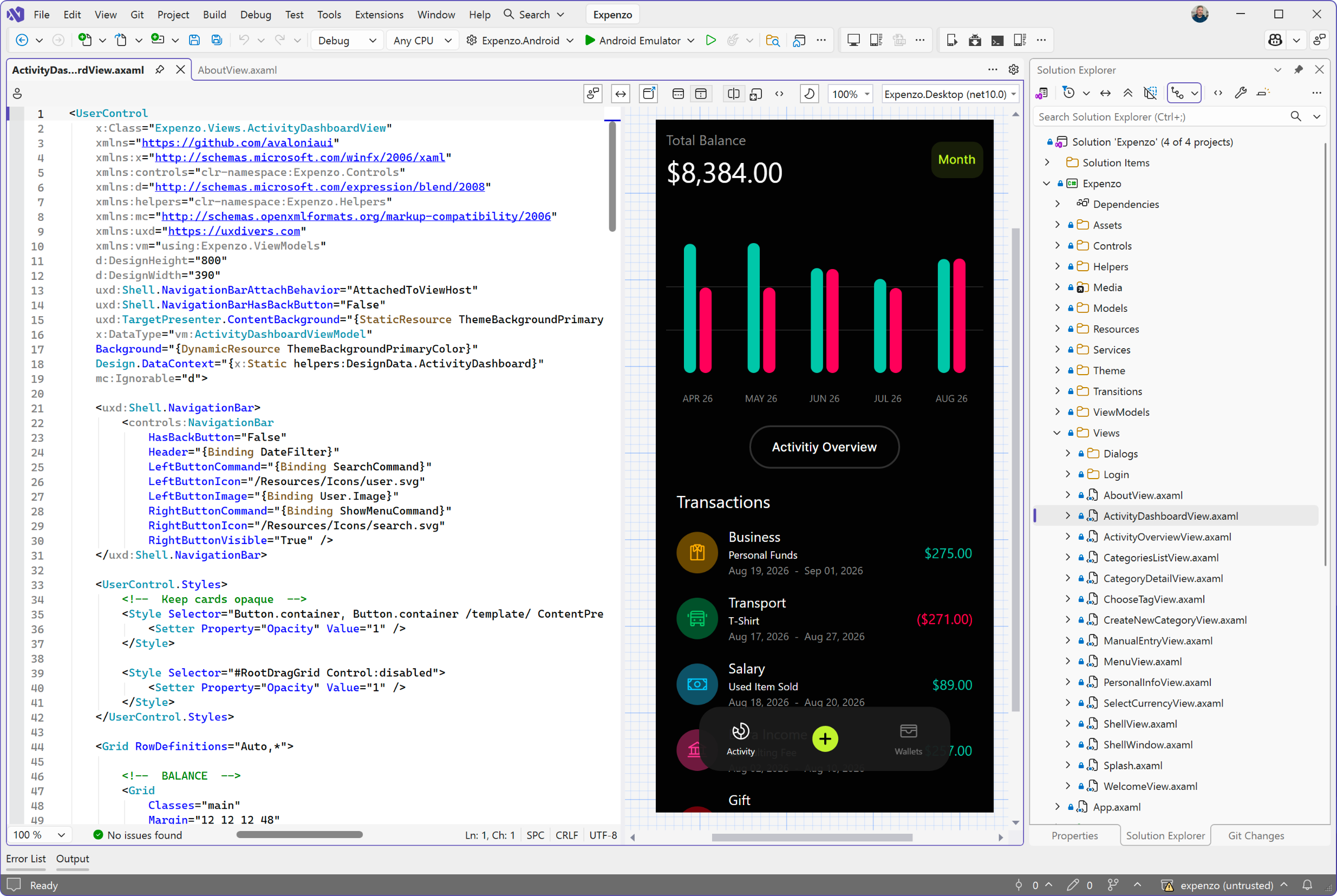 Avalonia for Visual Studio editing a XAML view beside its live preview