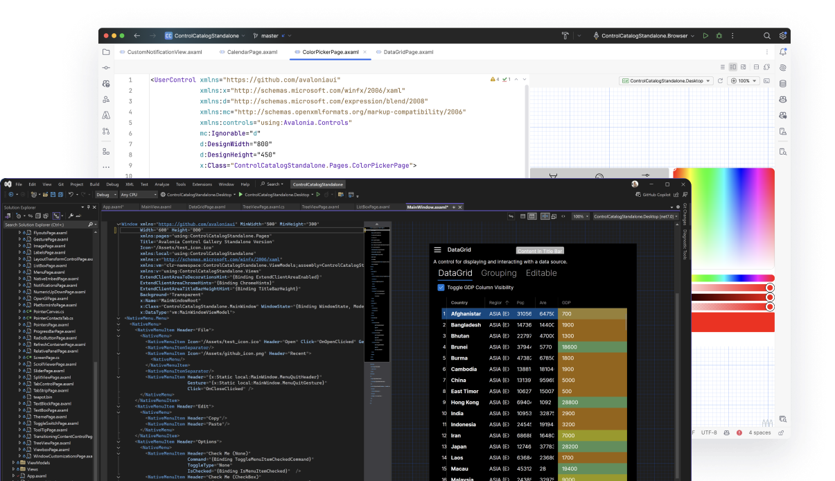 Screenshots of Visual Studio over JetBrains Rider, showing Avalonia projects.
